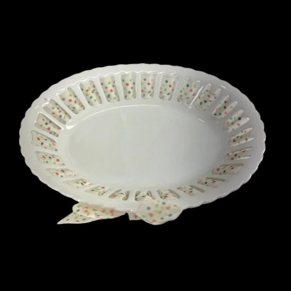PARTY PLATE -- Ceramic, Bread/Candy/Cookies/Favors, Polka Dot Ribbon Wrapped